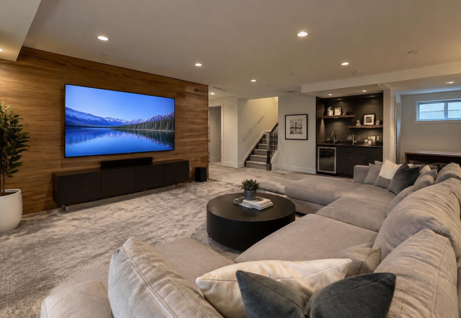Finished basement lounge with TV and pot lights — inspiration imagery