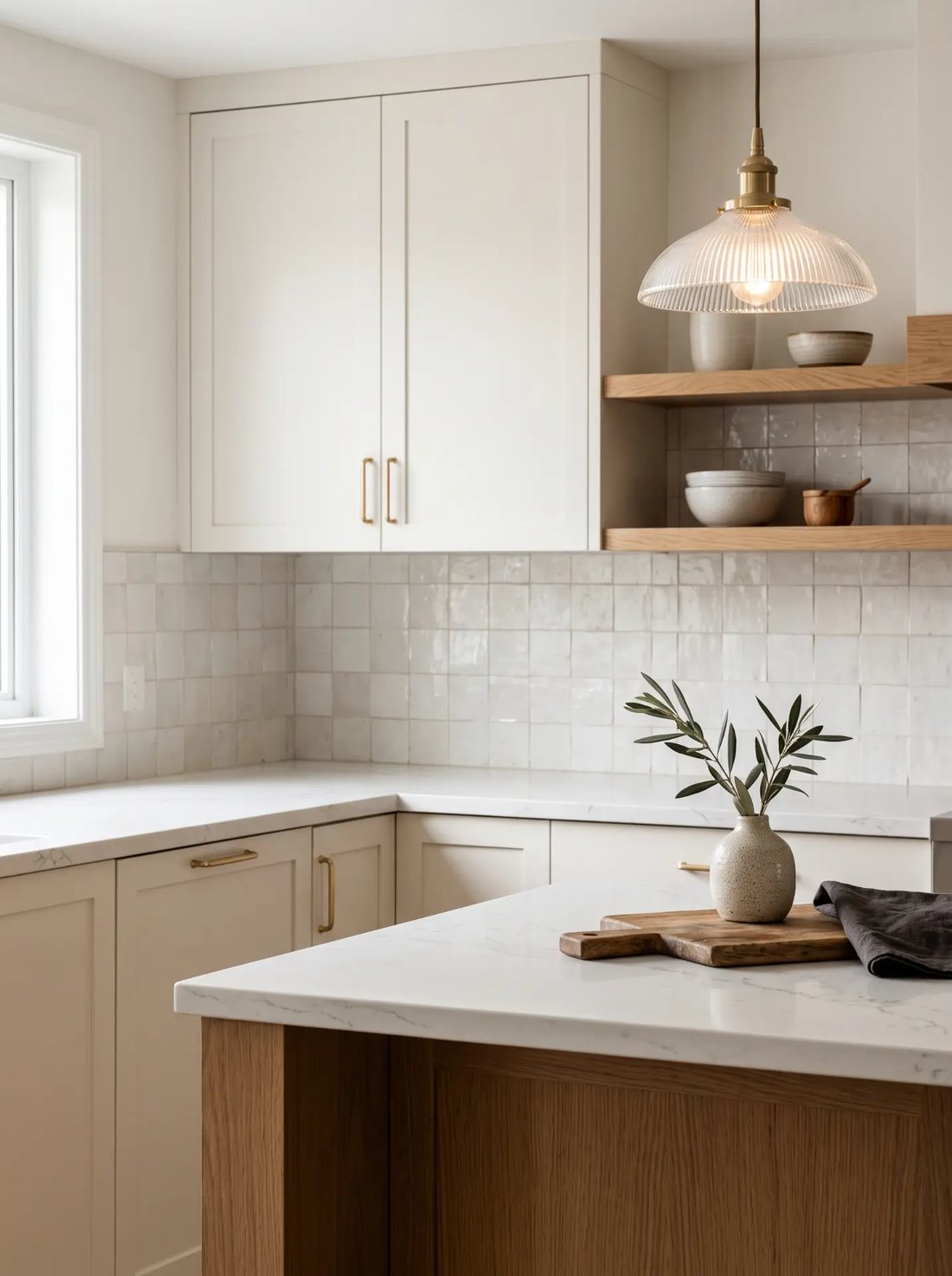Kitchen with white shaker cabinets, glass pendant and oak island — inspiration imagery